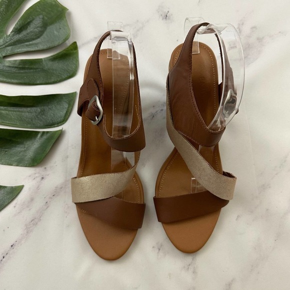 Emu Australia Dawn Stacked Heel Sandals Size 9 New Brown Gold Leather Strappy - Picture 2 of 7